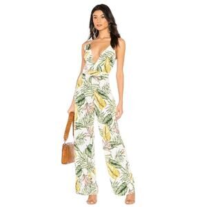 Superdown White Tropical Kiki Tie Plunge Neck Sleeveless Jumpsuit Size XS